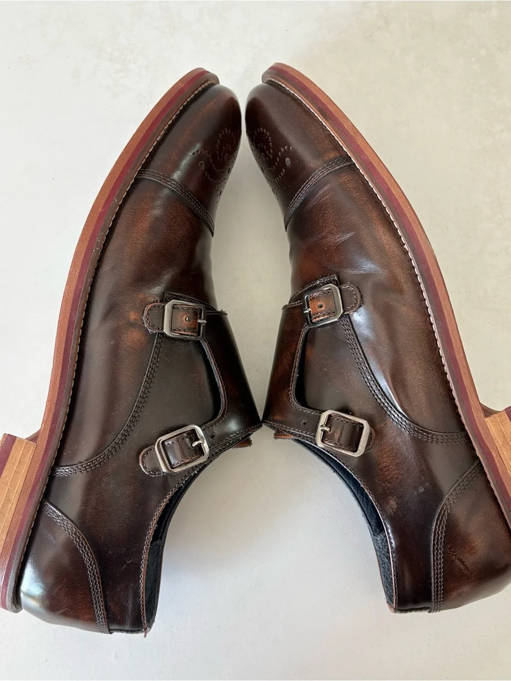 Johnston & Murphy Italy Brown Leather Double Monk Cap Toe Dress Shoes Men Sz 8.5